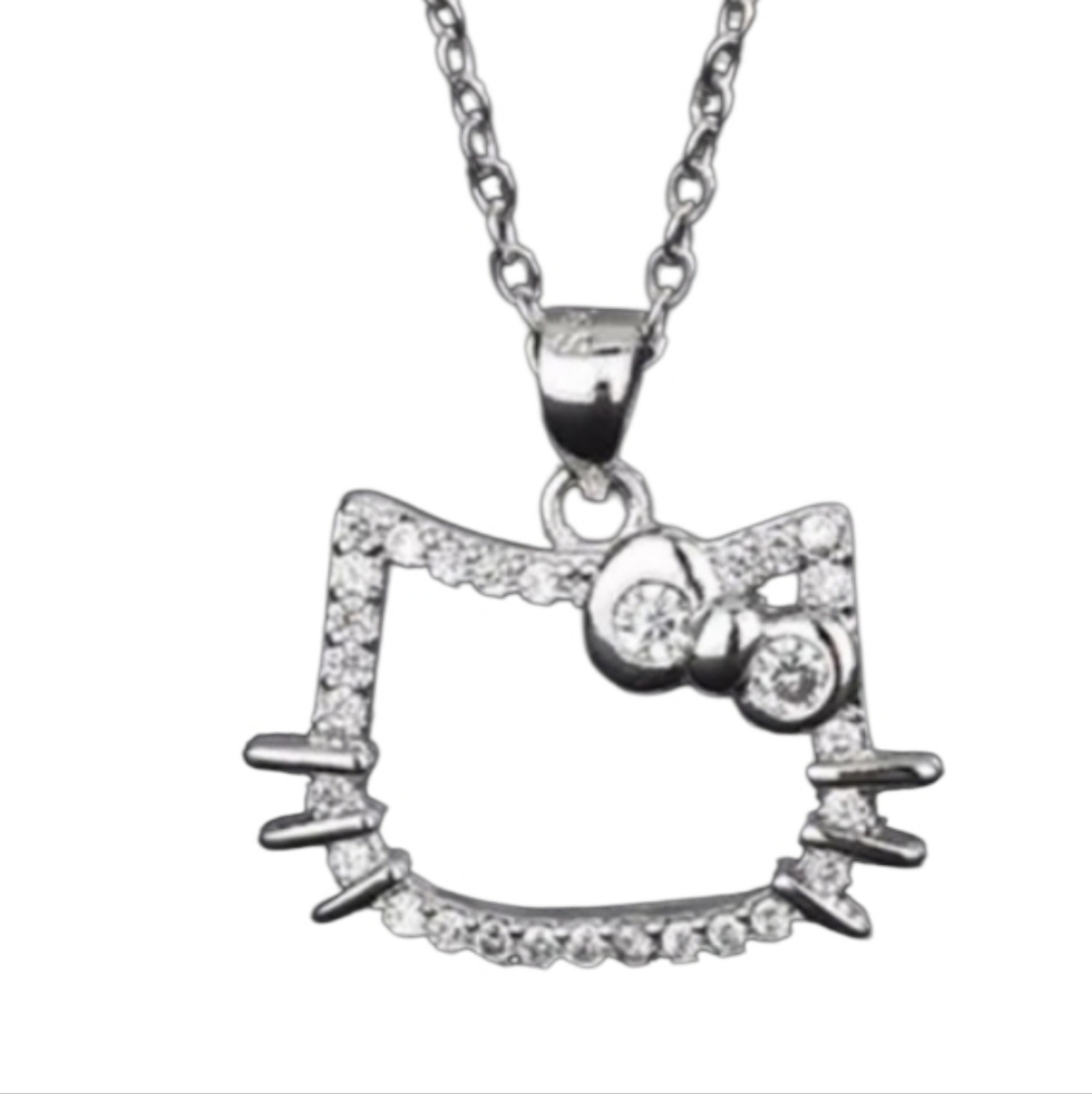 💥4 For $20💥Silvertone Rhinestone Cat Necklace 18 Inch Chain